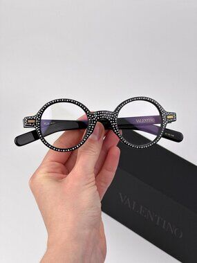 Valentino VLX-185 B Round Eyeglasses – Black with White Crystal Stones (Women)